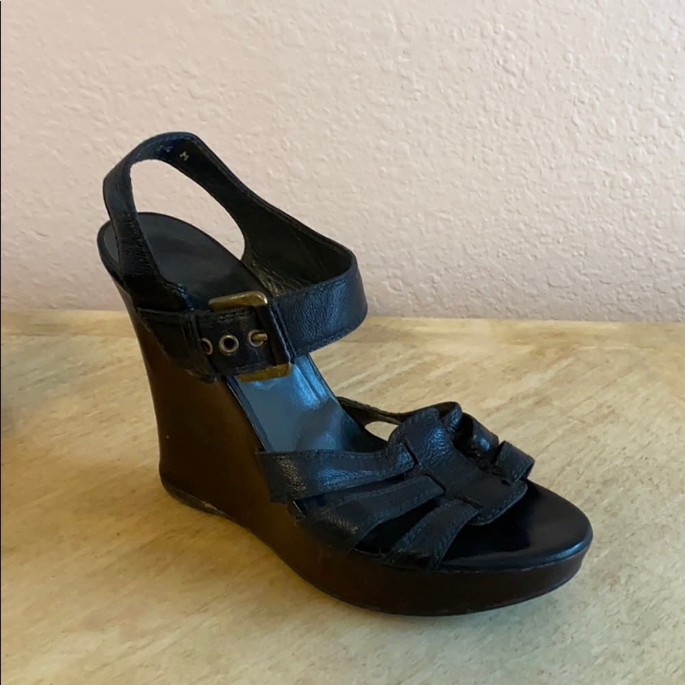 Stuart Weitzman black leather wedge sandal, 7.5